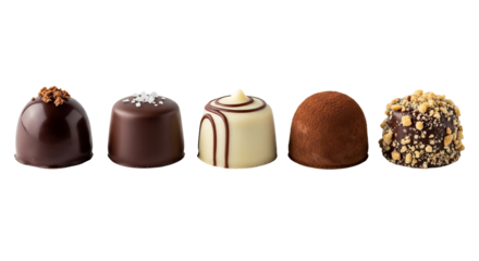 Assorted chocolate truffles are presented side by side, displaying various toppings and flavors against a isolated background.