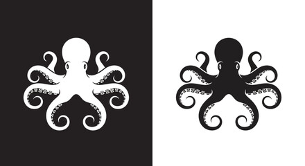 Minimalist Octopus Vector Logo with Symmetrical Tentacles in Black and White