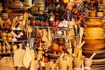 Traditional Wooden Crafts And Kitchenware At Kutaisi Market Georgia Showcasing Local Handicrafts And Folk Culture