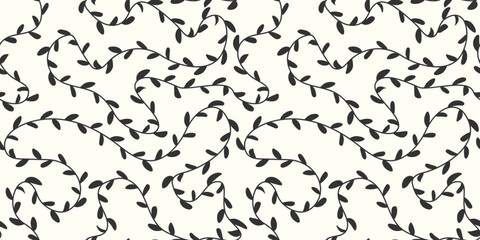 Simple black leaves seamless pattern. Monochrome minimalist foliage wallpaper. Abstract Leaf vine background. Flat design. Doodle greenery texture for packaging, wraps, textile print