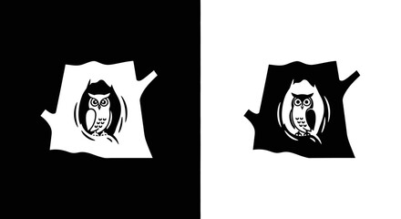 Logo Template Vector of a Stylized Owl in a Tree Hollow Black and White