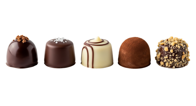 Assorted chocolate truffles are presented side by side, displaying various toppings and flavors against a isolated background.