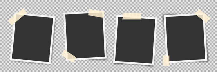 Taped photo frame mockup. Empty instant photo template. Photobooth frame. Four photos with sticky tape. Snapshot print for scrapbook design
