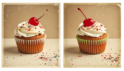 Creamy frosted cupcake topped with red cherry and colorful sprinkles frosting dessert