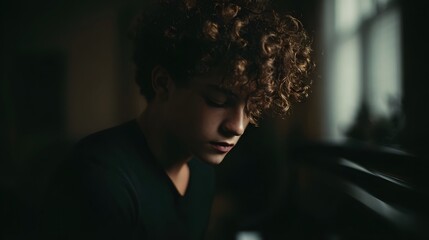 A young person with curly hair looks down thoughtfully while practicing piano in soft dim indoor lighting