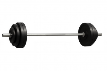 Barbell with black weight plates on a chrome bar, training for fitness, strength, sports, and powerlifting on transparent background
