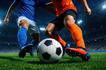 Blue and orange clad soccer players dynamically clash for the ball on a vibrant green stadium pitch, showcasing incredible skill and energy during an intense night game