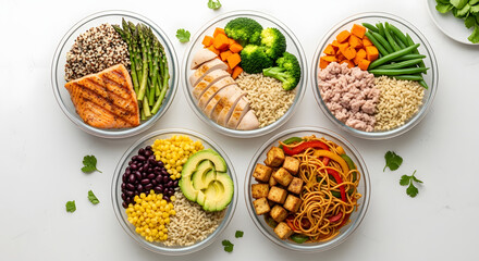 Healthy meal prep bowls with assorted ingredients on white background  