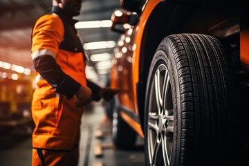 skilled auto mechanic in orange uniform is checking tire of vehicle in well lit workshop. focus is on tire and mechanic attentive work, highlighting importance of vehicle upkeep