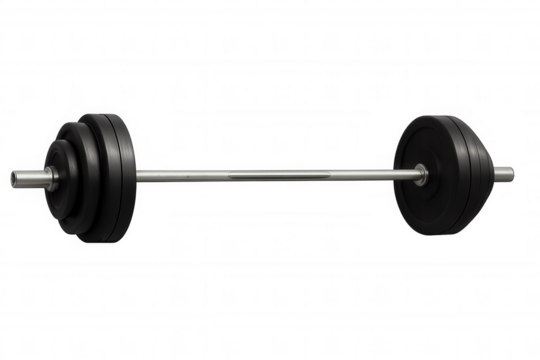 Barbell with black weight plates on a chrome bar, training for fitness, strength, sports, and powerlifting on transparent background