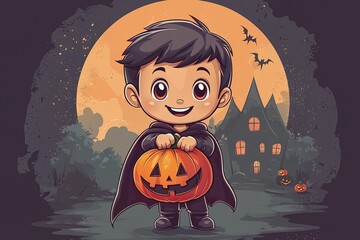 Playful Halloween character illustration child in vampire outfit with pumpkin handbag. Cozy and magical festive vibe. Perfect for postcards, wallpapers and themed branding