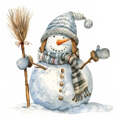 watercolor clipart cheerful snowman stands tall on snowy landscape, wearing cozy hat and scarf. It holds broom in one hand and has bright carrot nose, surrounded by winter wonderland