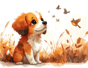 Sweet puppy watches birds fly overhead in golden autumn field