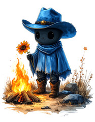 Lone cowboy with a sunflower warming by the campfire at night