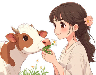 Girl offers grass and flower to brown and white cow