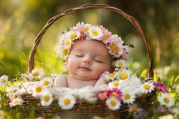 serene baby rests in woven basket adorned with vibrant flowers during sunny day in lush garden. peaceful expression captures pure innocence and joy in nature embrace