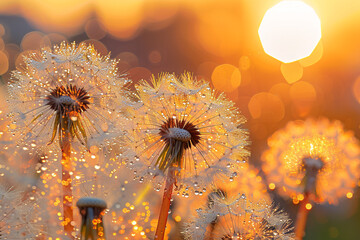 enchanting display of glistening dew drops clinging to delicate dandelion seeds in early morning sun creates a mesmerizing scene that highlights beauty and elegance of nature's intricate details   