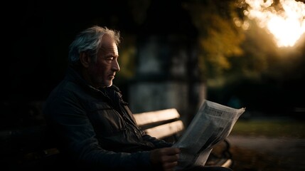 Fototapeta premium An elderly man sits on a park bench in the warm late afternoon light engrossed in reading his newspaper