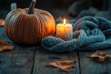 Rustic still life of pumpkin surrounded by candles and wool scarf on wooden surface, enhanced by golden lighting, ideal for illustrating autumn warmth, comfort and festive mood