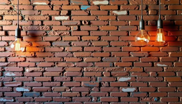Rough brick wall backdrop with vintage hanging lamps and a blank canvas, hanging lamps, backdrop, empty canvas