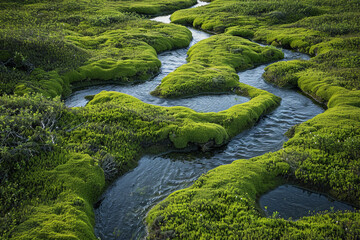 enchanting allure of a sphagnum bog can be seen from above, showcasing a stunning tapestry of peat moss, meandering waterways, and delicate harmony within this unique ecosystem   