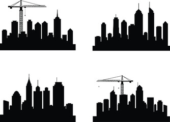 Obraz premium City skyline silhouettes, urban construction cranes, modern architecture, downtown buildings, cityscape vector, development scene, black silhouette, stock illustration, editable