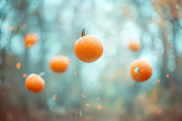 Surreal image of pumpkins levitating in mid air against clean backdrop. Perfect for halloween holiday illustrations and creative storytelling projects