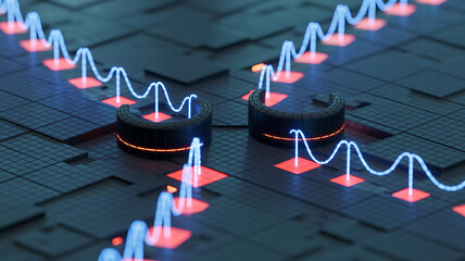 Futuristic Digital Data Flow with Glowing Blue Lines and Red Squares abstract analytics