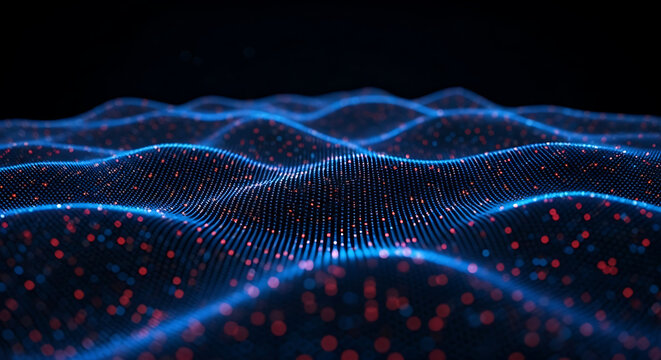 Dynamic abstract data visualization background with glowing blue and red particles for modern technology, science, or network communication projects