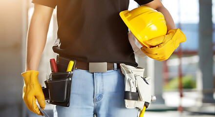 Construction worker with hard hat and tool belt ready for the job, showcasing safety and expertise on the building site, demonstrating skilled craftsmanship