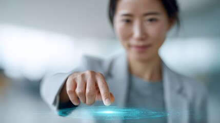 Professional female executive manipulating holographic digital display, highlighting cutting edge technology transforming workplace communication and strategic decision making processes