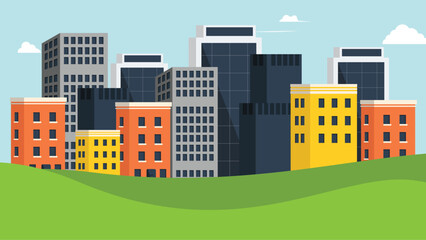 Modern cityscape with colorful buildings and green hills under blue sky. 