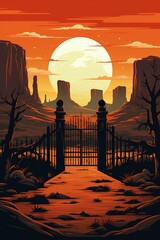 vertical peaceful desert scene weathered gate that opens to scenic view of towering rocky formations under glowing moon. sunset casts warm orange glow on landscape, creating tranquil atmosphere