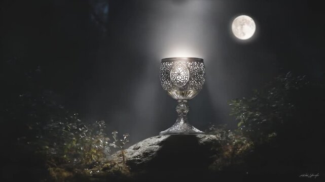 Ornate chalice illuminated by moonlight in mysterious forest setting