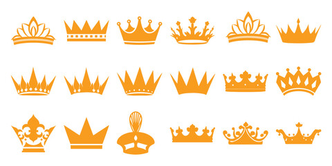 Collection of 15 Orange Crown Icons on White Background
