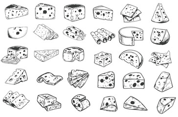 Sketch cheese. Various types of cheeses. Fresh cheddar, feta and parmesan dairy snack. Hand drawn retro vector