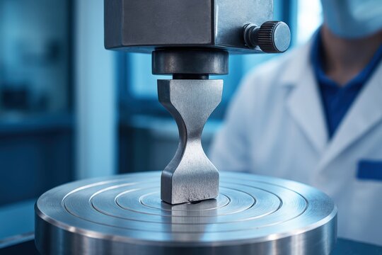 Metal specimen undergoes rigorous tensile testing using advanced industrial laboratory equipment, ensuring material integrity and future engineering innovation in a precise scientific environment