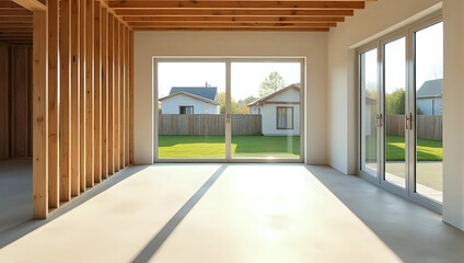 New home addition construction : open floor plan, windows, spacious design, wooden frame up, awaiting drywall, seamless room expansion, bright interior, light-filled spaces - real estate development