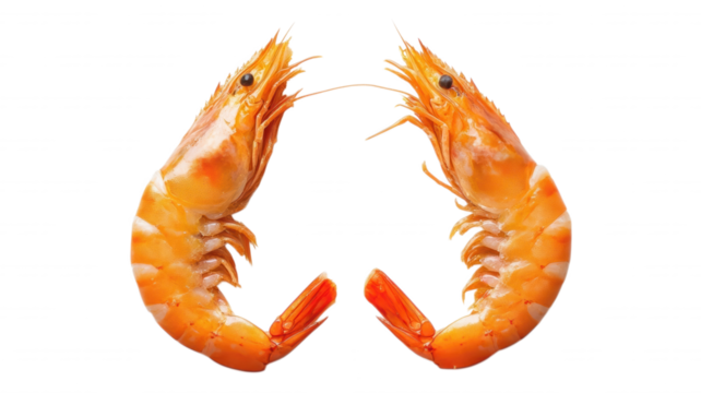 Two cooked shrimps facing each other on a black background