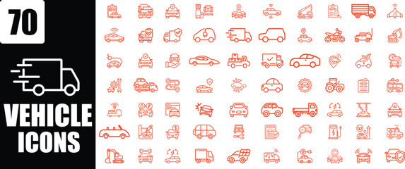Collection of 70 Vehicle Icons, Including Cars, Trucks, and Construction Equipment