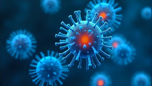 3d illustration closeup of microscopic view : pathogenic virus, or influenza - pandemic, infection, medical virology research for public health awareness - Powered by Adobe