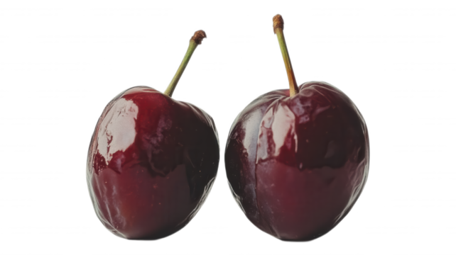 Two ripe cherries with stems on a plain black background