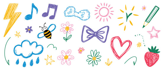 Whimsical hand drawn doodle pattern with lightning sun music notes bee clouds heart strawberry eps vector silhouette vector illustration white background