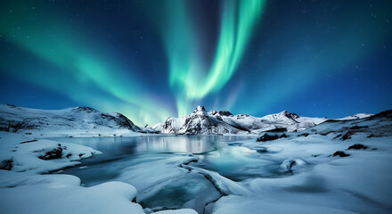 Stunning aurora borealis dances above snowy mountains and icy lake, creating a magical winter wonderland experience under the starry night sky