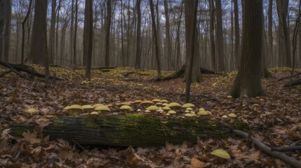 A forest with a log covered in mushrooms