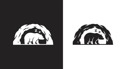 Minimalist Sleeping Bear in Cave Vector Logo Template Black and White Illustration