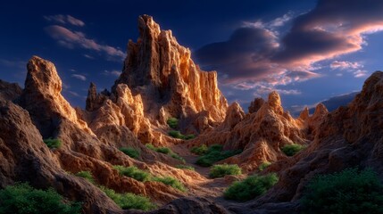 Obraz premium Majestic desert canyon illuminated by golden hour sunset, dramatic rock formations and rugged terrain under a vibrant twilight sky.