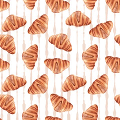 Hand-drawn seamless pattern Illustration featuring croissants scattered over soft vertical stripe background.