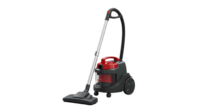 Modern vacuum cleaner isolated on white background. 3D realistic illustration of home cleaning appliance. Household equipment for dust removal, hygiene, cleanliness, and housework concept design.