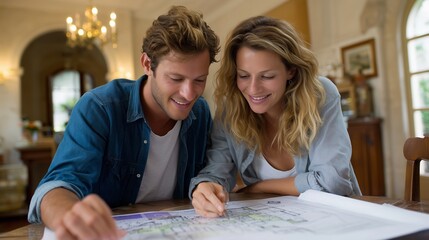 Couple reviewing architectural plans in cozy home environment during afternoon